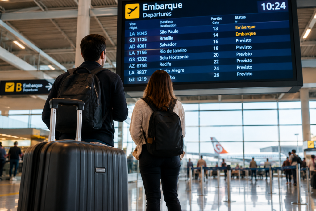Mala de viagem diante do painel de desembarque de um aeroporto brasileiro