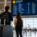 Mala de viagem diante do painel de desembarque de um aeroporto brasileiro